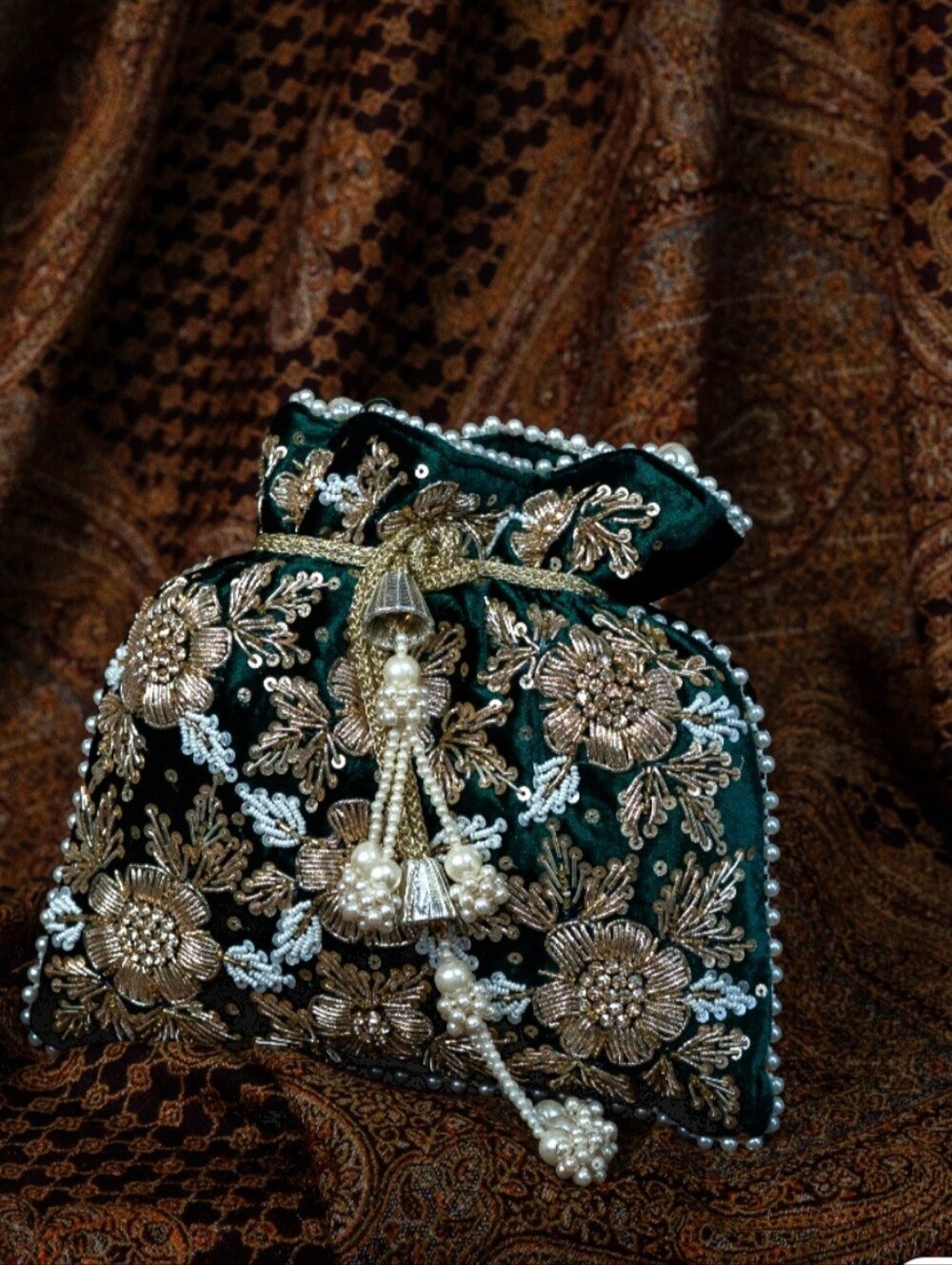 Embroidered Green Velvet Potli Bag with Pearl Tassels